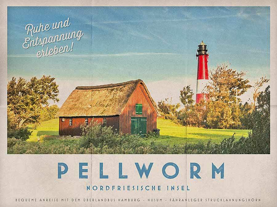 Pellwormer altes Reiseposter mit Leuchtturm und Holzschuppen