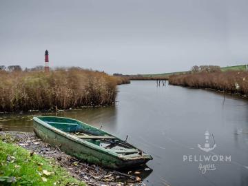 Ein altes undichtes Ruderboot liegt am Süderkoogstief halb im Wasser. Hinter dem Schilf ist der Pellwormer Leuchtturm zu erkennen.